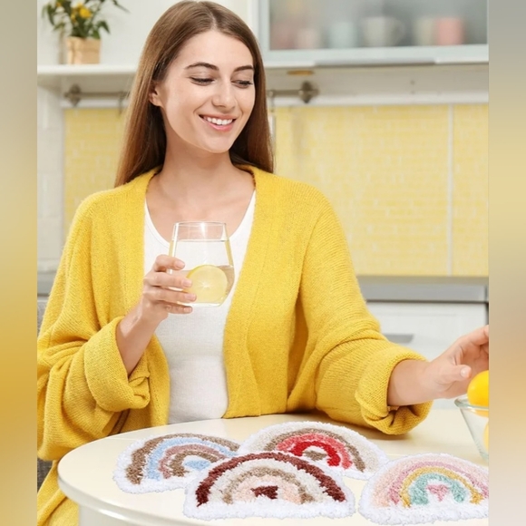 Boho Chic Drink Coasters in Pastel Rainbow Carpet Set of 4 New without Tags - Picture 2 of 11